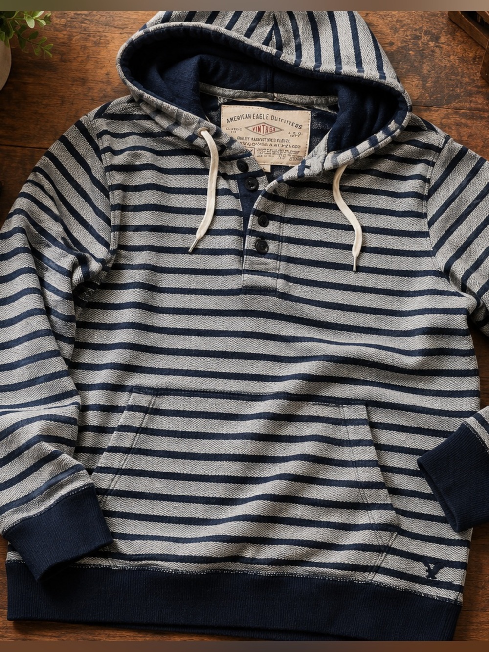 American Eagle Outfitters Navy & Gray Striped Hooded Henley Sweatshirt